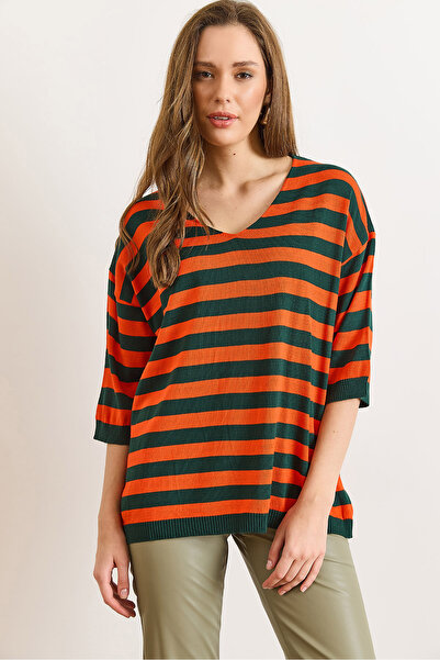 Olalook Women's Emerald Green V-Neck Striped Short Sleeve Knitwear Blouse Blz-19002837