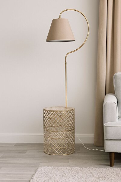 Venon Aydınlatma Sehpalı Lambader Elips Krem Sarı Patine ⭐️Kahverengi Kumaş Şapka ⭐️Modern Oturma Odası Salon Köşe