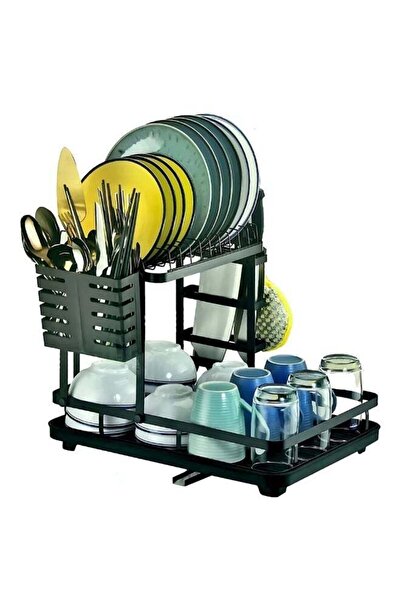 VİO 2-Tier Space Saving Dish Drying Rack with Drain Board - Black Carbon Stee...