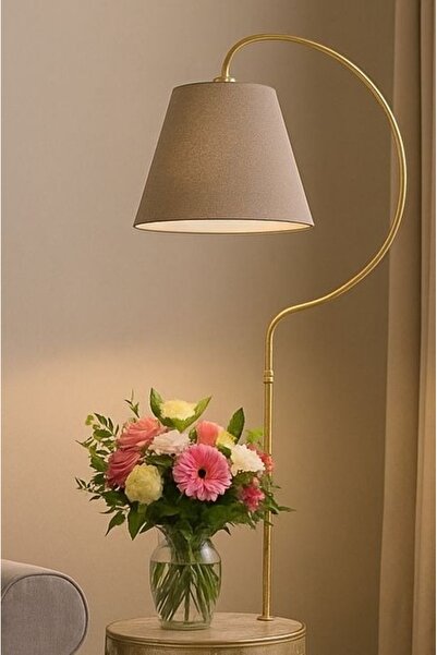 Venon Aydınlatma Sehpalı Lambader Elips Krem Sarı Patine ⭐️Kahverengi Kumaş Şapka ⭐️Modern Oturma Odası Salon Köşe