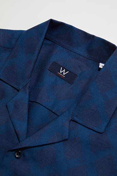 W Collection LACİVERT KISA KOLLU JAKARLI PAMUK/TENSEL GÖMLEK
