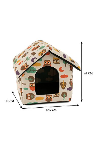zola Bed for small dogs and cats, house shape, size XL, owl pattern, 41x37.5x43 cm