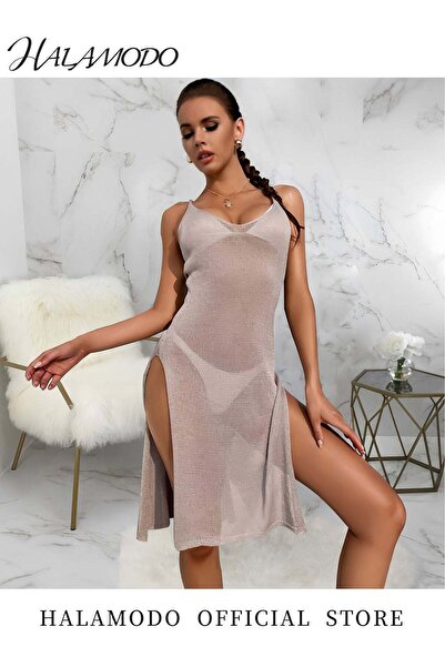 HALAMODO Women's Swimsuit Cover Up Sleeveless Hollow Out Long Swimwear Cover up V Neck Hollow Out Long Skirt