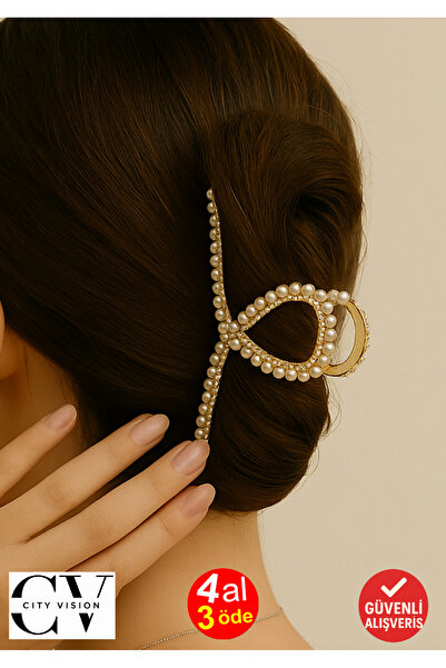 cityvision Pearl and Stone Detailed Ribbon Shaped Metal Hairpin 11 cm – Elegant and Sparkling Design
