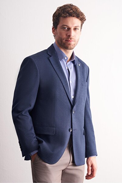 İmza Navy Blue Mono Collar Self-Patterned Cotton 4 Drop Comfort Fit Classic Jacket 1002255158