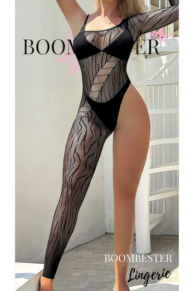BoomBester Ciorapi negri cu mâneci lungi cu model transparent – Salopetă sexy cu aspect de plasă