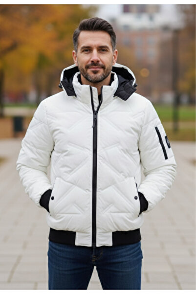 embody Men's White Winter Jacket with Hood - Elegance and Warmth 8437