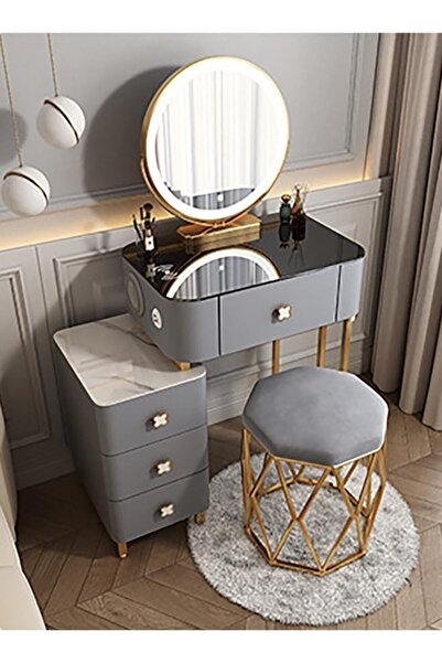 KEKE Makeup Dressing Table LED Mirror With Wireless Charging Pad And Storage Cabinet with Chair