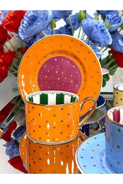 Kosova Puantiyeli Porselen Çay Fincan Takımı 200 cc TKEBT Renkli