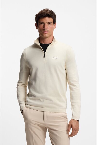 BOSS Men's Regular Fit Zippered Mock Neck 100% Cotton Long Sleeve Beige Sweater 50541965-131