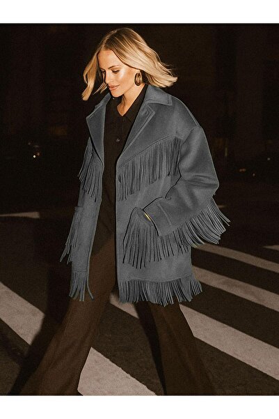 RİVUS Modern Form Tassel Detailed Suede Jacket - Anthracite