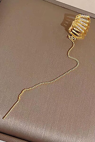 TAKIŞTIR Altın Renk Taş Detaylı 14K Altın Kaplama TX Ear Cuff (Tek)