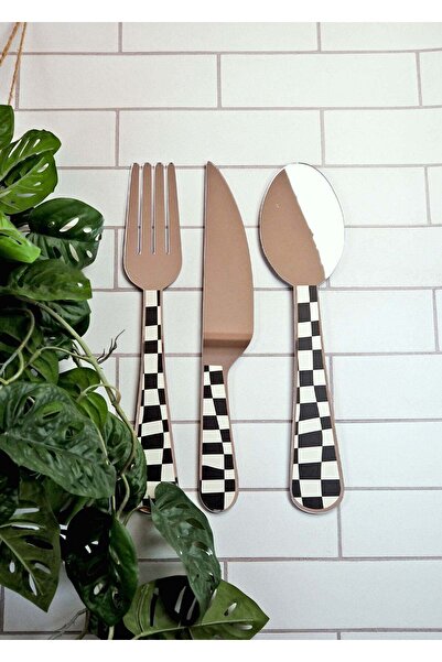 LudenHome Ayna Görünümlü Çatal Bıçak Kaşık Duvar Dekoru 3’lü Set