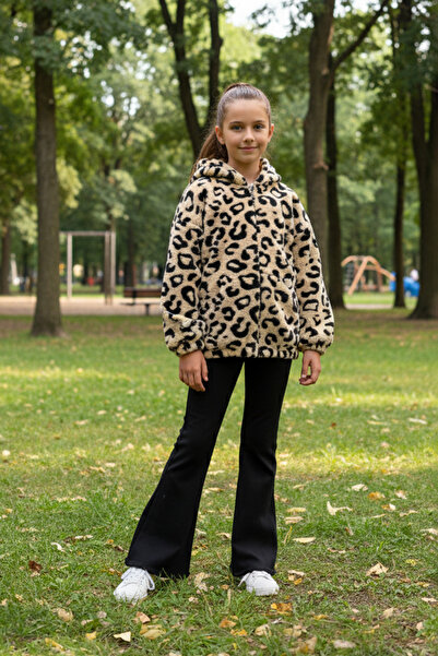 Fulla Moda Leopard Patterned Hooded Girls' Plush Coat