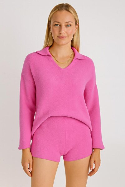 Minora Minoralady Women's Fuchsia Polo Neck, Soft Textured Bearded Home-Outwear Knitwear Set