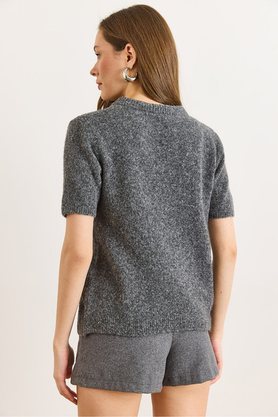 Olalook Women's Smoked Scarf Detailed Soft Textured Short Sleeve Knitwear Sweater Kzk-19001072