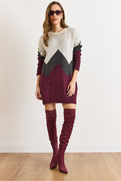 Olalook Women's Plum Geometric Patterned Knitwear Tunic Dress Elb-19002568