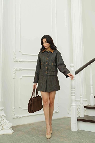 Serica Moda Coffee Collar Detailed Jacket Skirt Set
