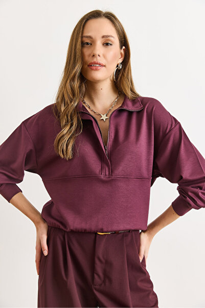 Olalook Women's Plum Modal Buttoned Zippered Flowy Sweatshirt Swt-19000780