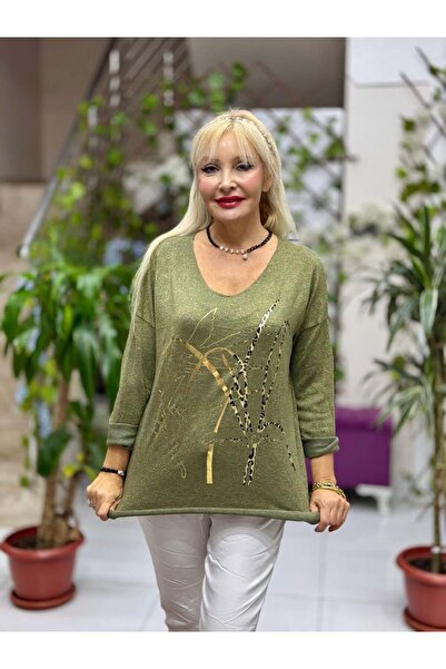 Punta Otantik Yg11773 Leopard Printed Italian Knitwear Blouse Khaki