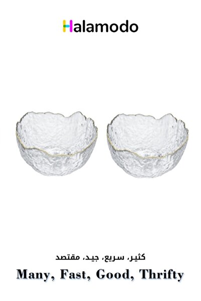 HALAMODO مجموعة من وعاءين زجاجيين للسلطة بتصميم عصري شفاف بحافة ذهبية وشكل غير منتظم للحساء والفواكه والحلويات