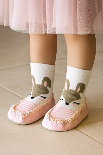 Katia&Bony Children's Moccasin Socks Booties Slippers – Non-Slip Home & Kindergarten Shoes Pink
