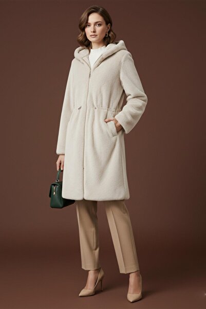 Puane Women's Hooded Elastic Waist Plush Coat - 15236Kbn - Stone