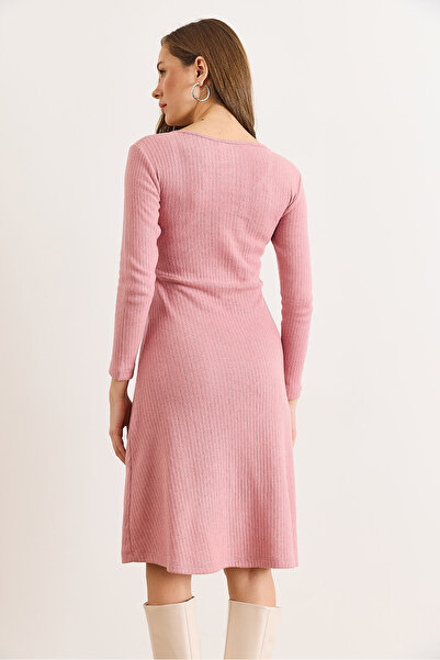 Olalook Women's Dusty Rose Button Detail Double-Breasted Midi Bell Dress Elb-19002031