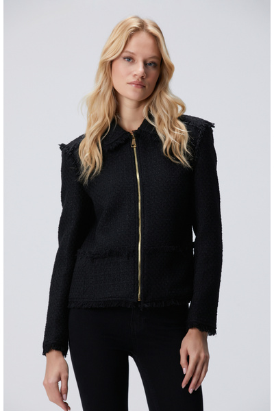 Network Siyah Fermuarlı Püskül Detaylı Tweed Ceket