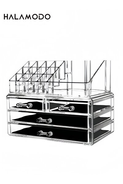 HALAMODO Acrylic Makeup Organizer Lipstick Holders with 4 Drawers and Removable Top Clear Design
