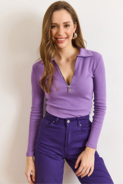 Olalook Women's Plum Polo Neck Zippered Long Sleeve Stretchy Blouse Blz-19003103