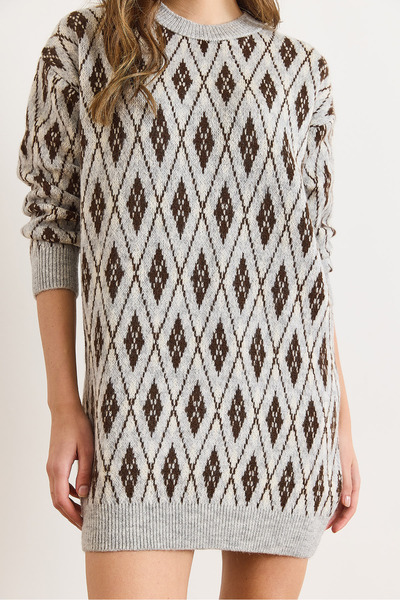 Olalook Women's Gray Tiny Baklava Fleece-Lined Thick Knitwear Tunic Dress Elb-19002567