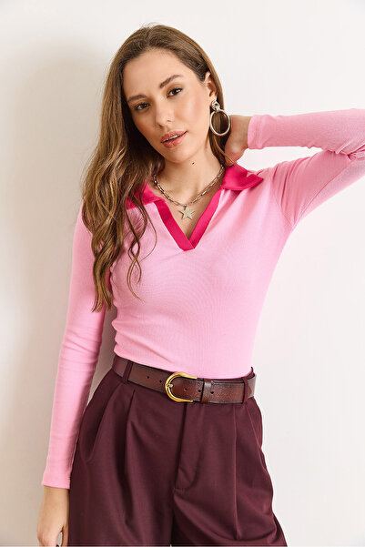 Olalook Women's Pink Fuchsia Color Block Polo Neck Cotton Stretchy Blouse Blz-19003104