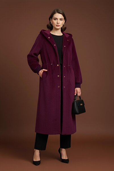 Puane Women's Tunneled Waist Hooded Long Fox Coat - 15234Kbn - Purple
