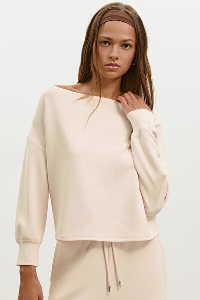 VODENS Women's Beige Soft, Off-The-Shoulder Sweatshirt