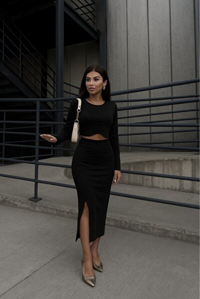 JANES Women's long sleeve crewneck short crop diver blouse with front Slit long skirt double set