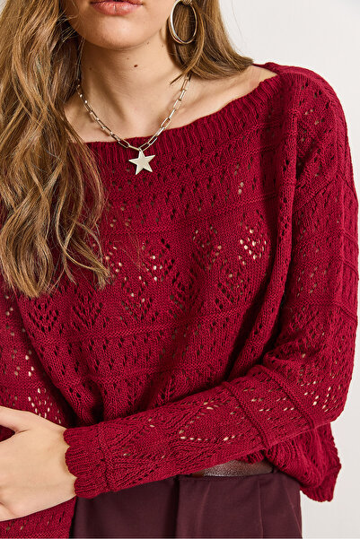 Olalook Women's Burgundy Geometric Openwork Detailed Knitwear Sweater Kzk-19001044