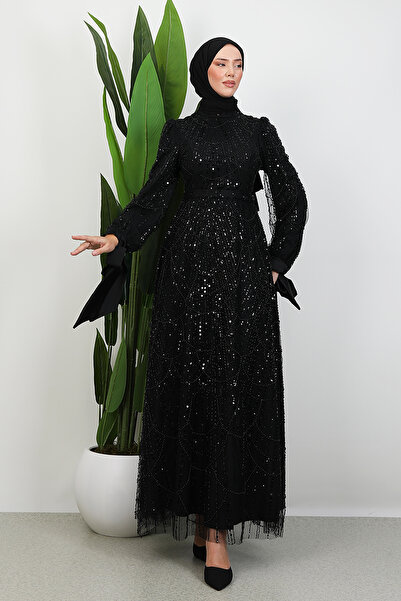 Lamia Giyim Kol Ucu Saten Abiye Siyah