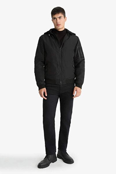 DeFacto C5908Axbk27 Black Water Repellent Regular Fit Shirt Collar Lined Zippered Interior Pocket Faux Leather Coat