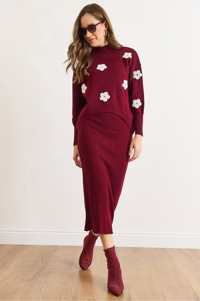 Olalook Women's Burgundy Top Sweater Bottom Suspender Dress Knitwear Set Tkm-19000317