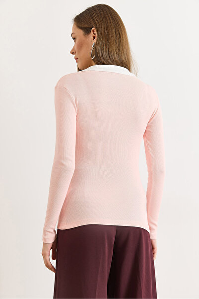 Olalook Women's Powder White Color Block Polo Neck Cotton Stretchy Blouse Blz-19003104