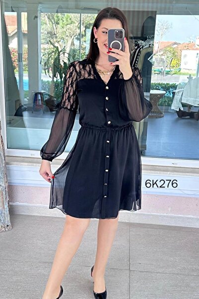 İnce Topuk Lace Detailed Yoryo Chiffon Dress 6K276