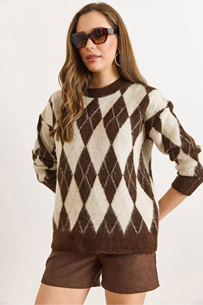 Olalook Women's Brown Baklava Pattern Fleece-Lined Thick Knitwear Sweater Kzk-19001075