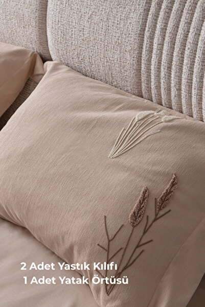 BUGİ HOME COLLECTİON Willow Breeze Desen Çift Kişilik Nakışlı Yatak Örtüsü Seti Şönil Kumaş Punch Nakışlı 240x260cm