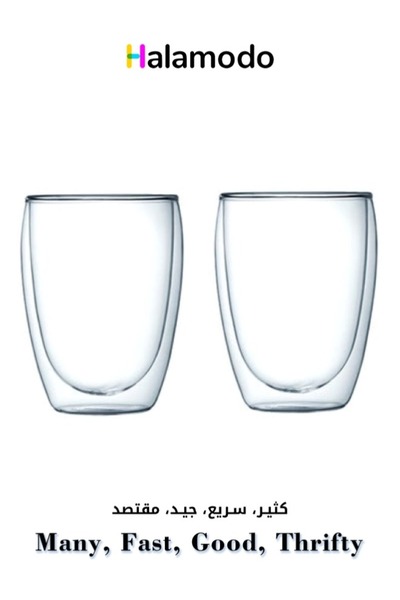 HALAMODO طقم من قطعتين من أكواب زجاجية مزدوجة الجدار، كوب شفاف 350 مل، كوب قه...