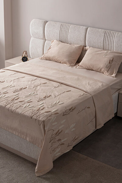 BUGİ HOME COLLECTİON Willow Breeze Pattern Double Size Embroidered Bedspread Set Chenille Fabric Punch Embroidered 240X260Cm