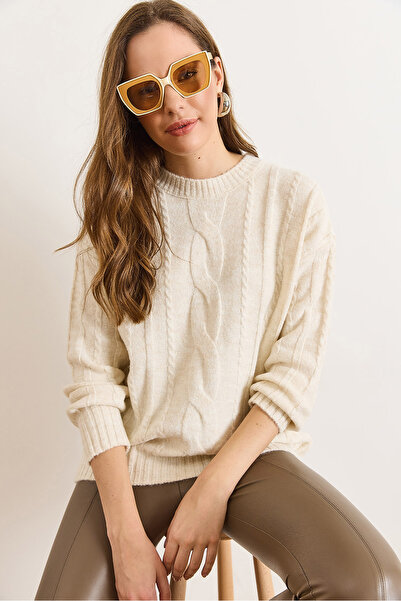 Olalook Women's Stone Hair Weave Detailed Soft Textured Knitwear Sweater Kzk-19001074