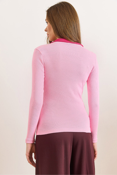 Olalook Women's Pink Fuchsia Color Block Polo Neck Cotton Stretchy Blouse Blz-19003104