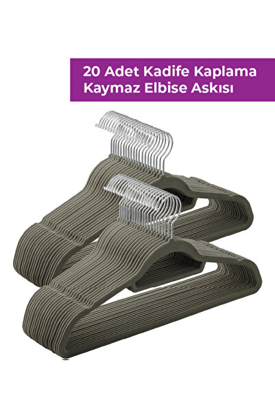 Bakasana 20'li Paket Kadife Askı Takım Elbise Askısı, Kaymaz Yüzeyli, 360 Derece Dönen Kanca Kaymaz