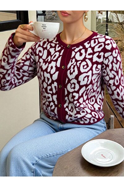NEWCO Trend Moda Leopard Pattern Burgundy Crop Knitwear Knitted Cardigan
